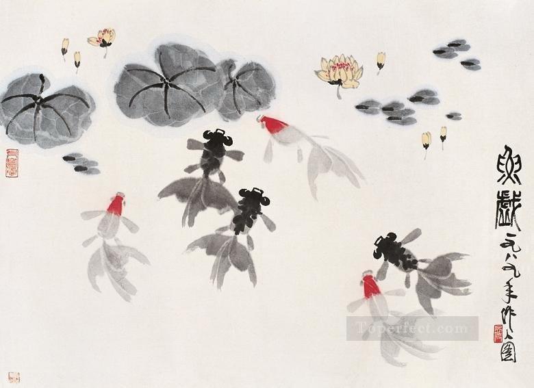 Wu zuoren goldfish in waterlilies old China ink Oil Paintings